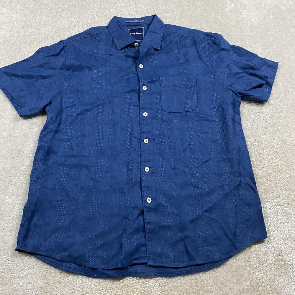 Tommy Bahama Shirt Mens L Blue Linen‎ Button Up Short Sleeve Pocket Textured